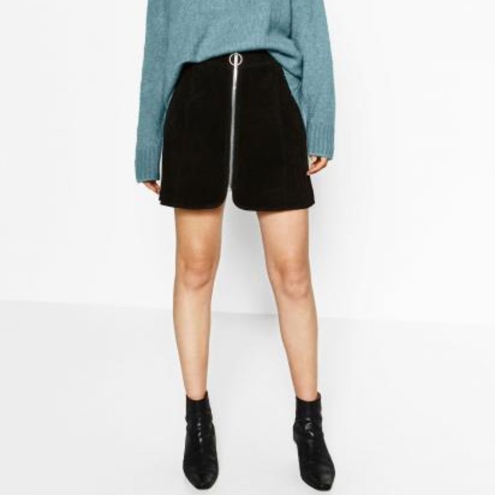 Zara Suede Zip Front Mini Skirt Black